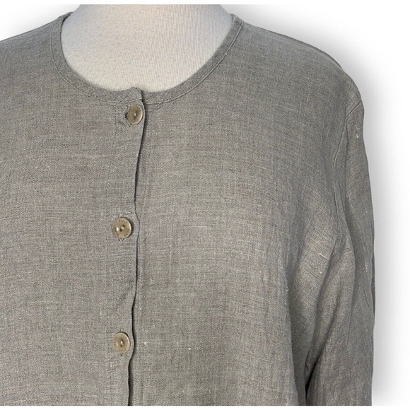 FLAX Linen Lagenlook Linen Tunic Top Size Medium Tan Cream Gray Button Up Blouse - Picture 2 of 7